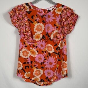 DR2 Floral Ruffle Sleeve Blouse - Orange & Pink. Womens Size S. Flowy. Hippie